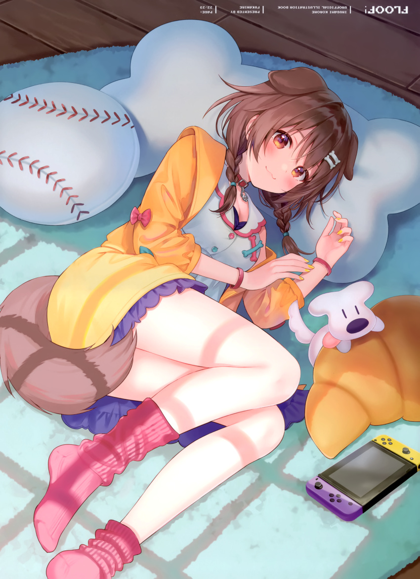 1girl, :3, absurdres, animal_collar, animal_ears, blush, bone_hair_ornament, bow, braid, brown_eyes, brown_hair, brown_tail, carpet, cartoon_bone, collar, dog, dog_ears, dog_girl, dog_tail, frills, fukahire_(ruinon), hair_between_eyes, hair_ornament, hairclip, highres, hololive, hoso-inu, inugami_korone, jacket, jewelry, legs, looking_at_viewer, loose_socks, low_twin_braids, lying, nail_polish, nintendo_switch, no_shoes, on_floor, on_side, pillow, red_bow, red_collar, red_legwear, short_sleeves, side_braids, smile, socks, solo, tail, twin_braids, virtual_youtuber, wristband, yellow_jacket, yellow_nails