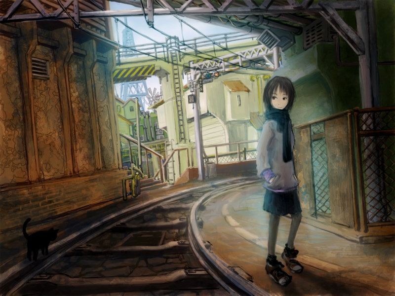black_hair, cat, city, pantyhose, railroad_tracks, scarf, short_hair, solo, train_tracks, yoshidaworks