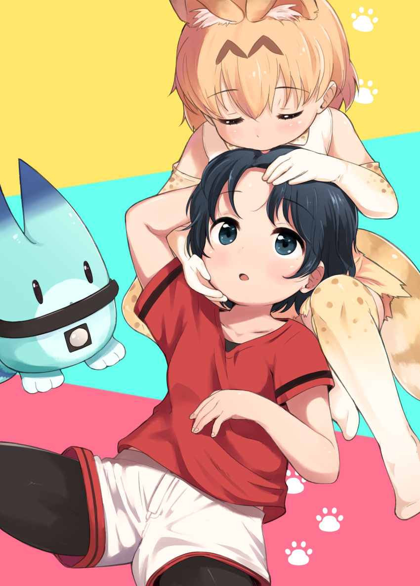 2girls, absurdres, animal_ears, aqua_background, black_hair, black_legwear, cat_day, closed_eyes