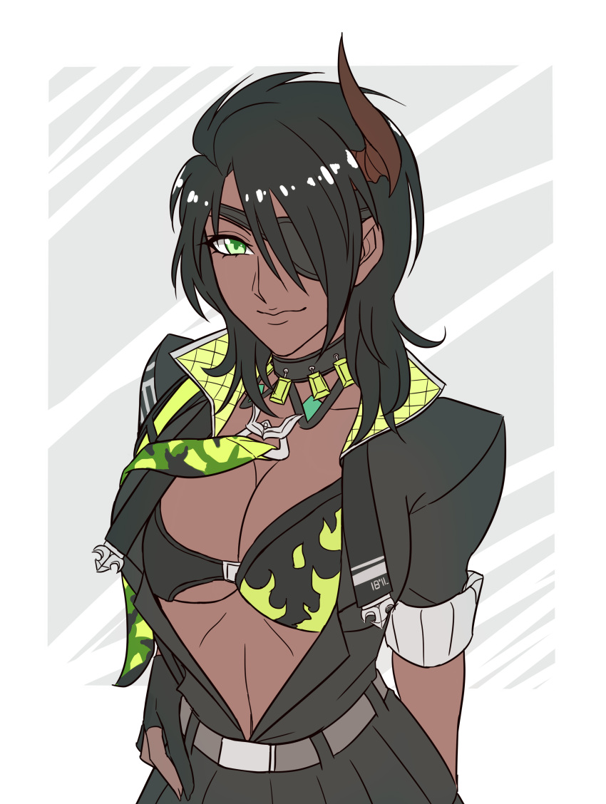 1girl, absurdres, aragami_ouga, black_hair, breasts, dark_skin, eyepatch, genderswap