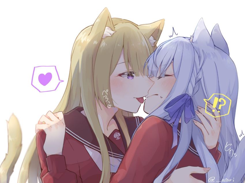 !?, 2girls, animal_ears, assault_lily, blonde_hair, blush, cat_ears, closed_eyes