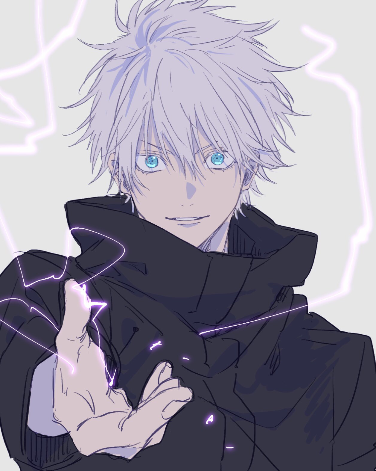1boy, bangs, black_jacket, blue_eyes, electricity, gojou_satoru, hair_between_eyes, hand_up
