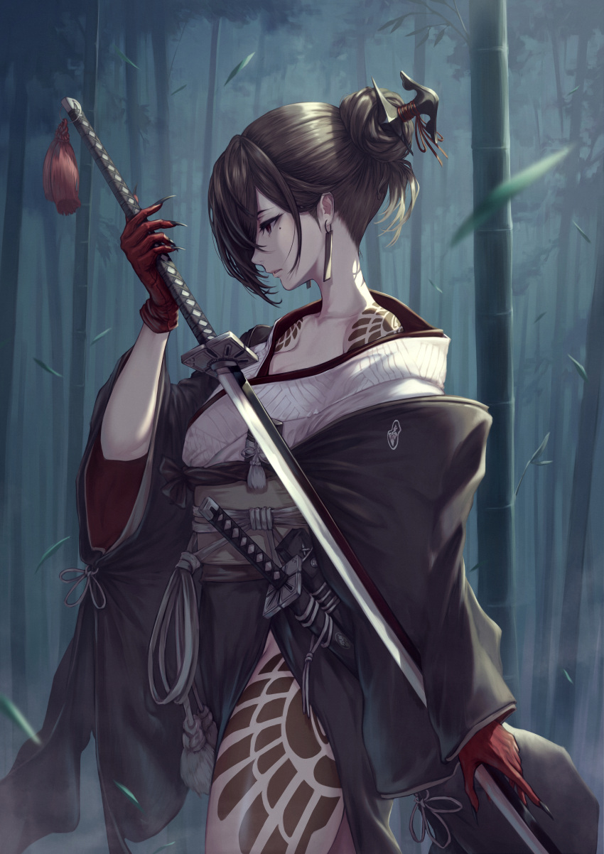 1girl, absurdres, akeha_(nier_reincarnation), bamboo, bamboo_forest, brown_eyes, brown_hair, claws