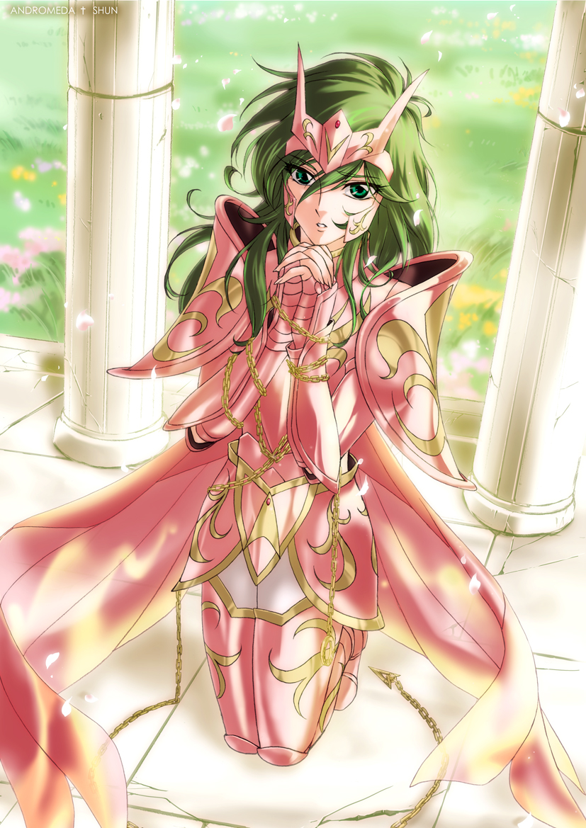 1boy, androgynous, andromeda_shun, armor, chains, eyelashes, greek_columns, green_hair, kneeling, male, male_focus, male_only, pink_armor, praying, saint_seiya, towe