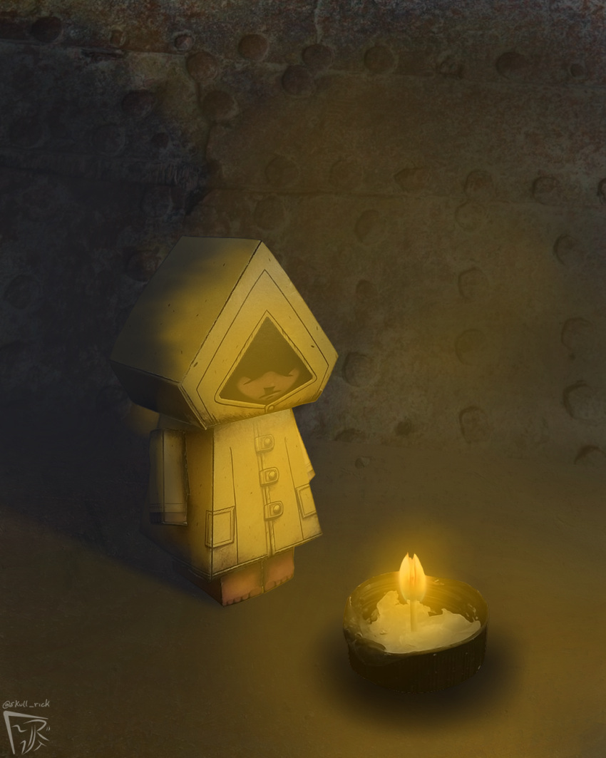 barefoot, candle, candlelight, darkness, highres, jacket, little_nightmares, papercraft