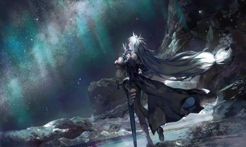 1girl, arknights, azalea_(artist), closed_eyes, floating_hair, highres, holding, long_hair