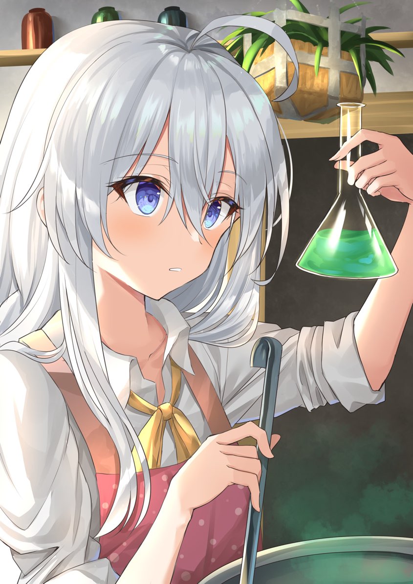 1girl, ahoge, apron, aura, bangs, blue_eyes, blush, collarbone, collared_shirt, elaina_(majo_no_tabitabi), eyebrows_visible_through_hair, flask, hair_between_eyes, holding, holding_ladle, indoors, kanaria_(kanari_as), ladle, long_hair, long_sleeves, looking_at_object, majo_no_tabitabi, parted_lips, pink_apron, potion, shirt, silver_hair, sleeves_rolled_up, smoke, solo, upper_body, white_shirt