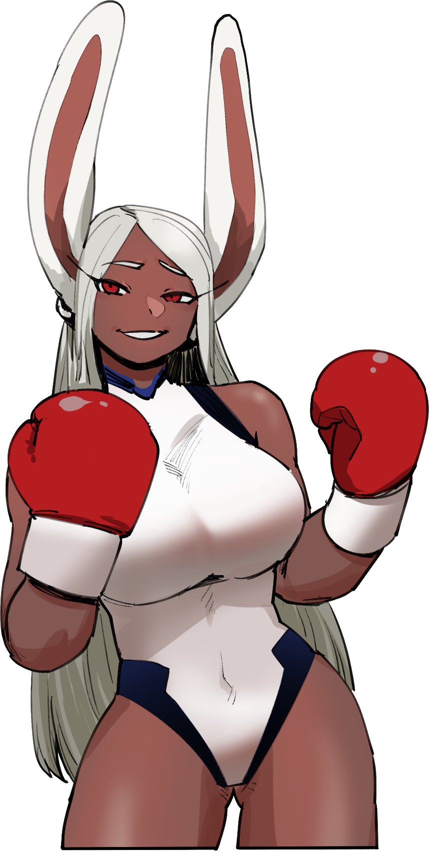 1girl, animal_ears, ass_visible_through_thighs, boku_no_hero_academia, boxing_gloves, breasts, dark_skin, dark-skinned_female, difmanm, gloves, highleg, highleg_leotard, highres, large_breasts, leotard, long_eyelashes, long_hair, looking_at_viewer, mirko, rabbit_ears, rabbit_girl, red_gloves, silver_hair, smirk, solo, standing, superhero, taut_leotard, thighs, toned, white_background, white_leotard