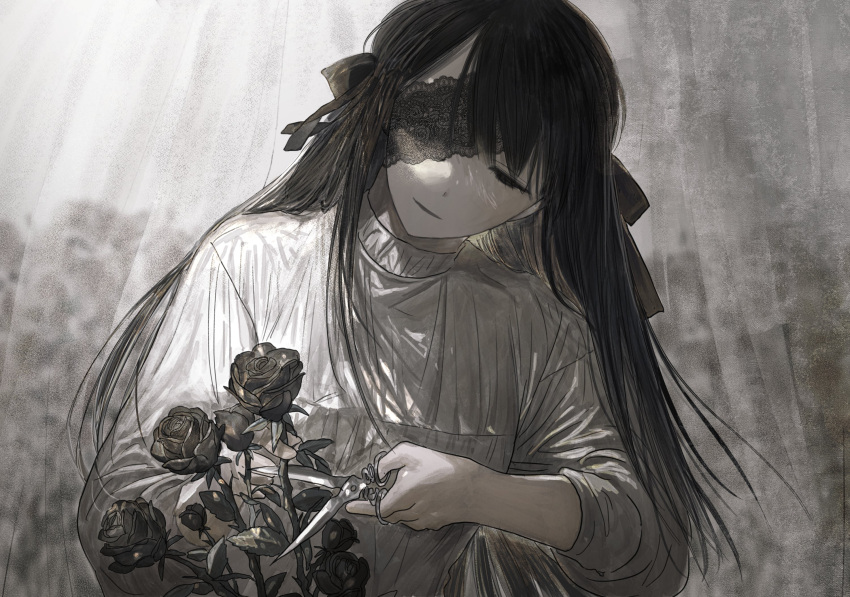 1girl, bangs, black_hair, cutting, eyepatch, flower, greyscale, hair_ribbon