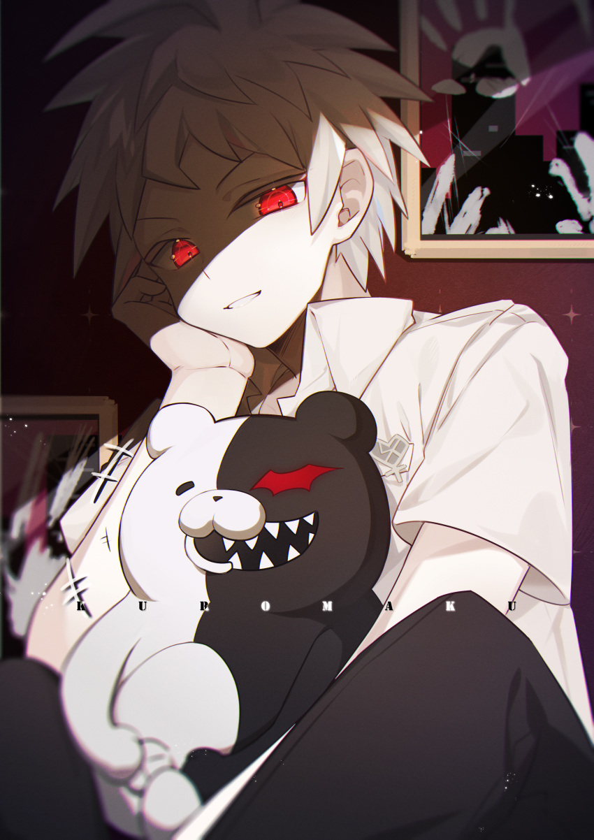 1boy, absurdres, ahoge, bangs, black_pants, breast_pocket, collared_shirt, commentary_request