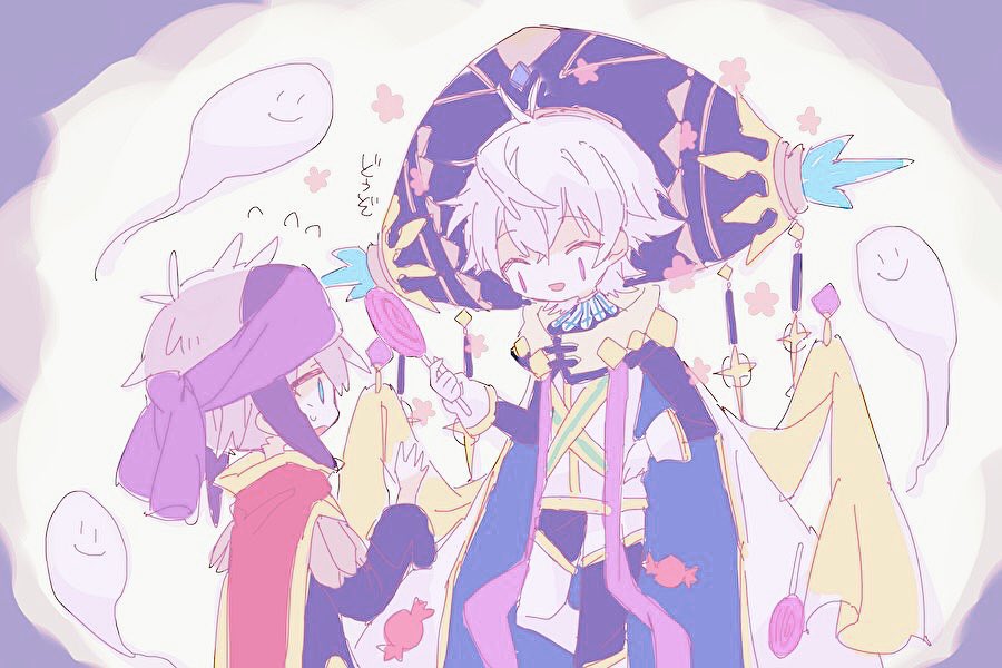 aqua_eyes, bangs, blue_headwear, candy, cape, closed_eyes, eyebrows_visible_through_hair, flower, food, ghost, gloves, hat, hero_(merc_storia), hibi89, holding, holding_candy, holding_food, holding_lollipop, lehreni_(merc_storia), lollipop, long_sleeves, male_focus, merc_storia, multiple_boys, open_mouth, red_cape, sash, shirt, short_hair, smile, sweatdrop, swirl_lollipop, white_gloves, white_hair, white_shirt, yellow_sash