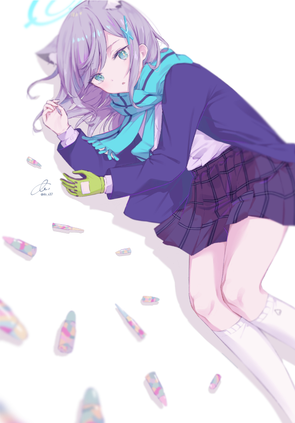 1girl, animal_ear_fluff, animal_ears, aqua_scarf, blue_archive, blue_eyes, blue_jacket, bottle, cat_ears, do3738, gloves, green_eyes, green_gloves, grey_hair, hair_ornament, halo, jacket, lying, medium_hair, on_side, parted_lips, plaid, plaid_skirt, pleated_skirt, purple_skirt, shiroko_(blue_archive), shirt, simple_background, single_glove, skirt, socks, white_background, white_footwear, white_shirt, x_hair_ornament