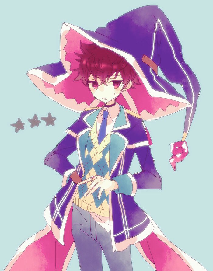 1boy, argyle, argyle_sweater, bangs, blue_background, blue_neckwear, collared_shirt, cowboy_shot, einlehrer_(merc_storia), grey_pants, hat, hibi89, jacket, jewelry, looking_at_viewer, male_focus, merc_storia, necktie, pants, parted_lips, purple_headwear, purple_jacket, red_eyes, redhead, ring, shirt, solo, standing, sweatdrop, sweater, white_shirt, wizard_hat