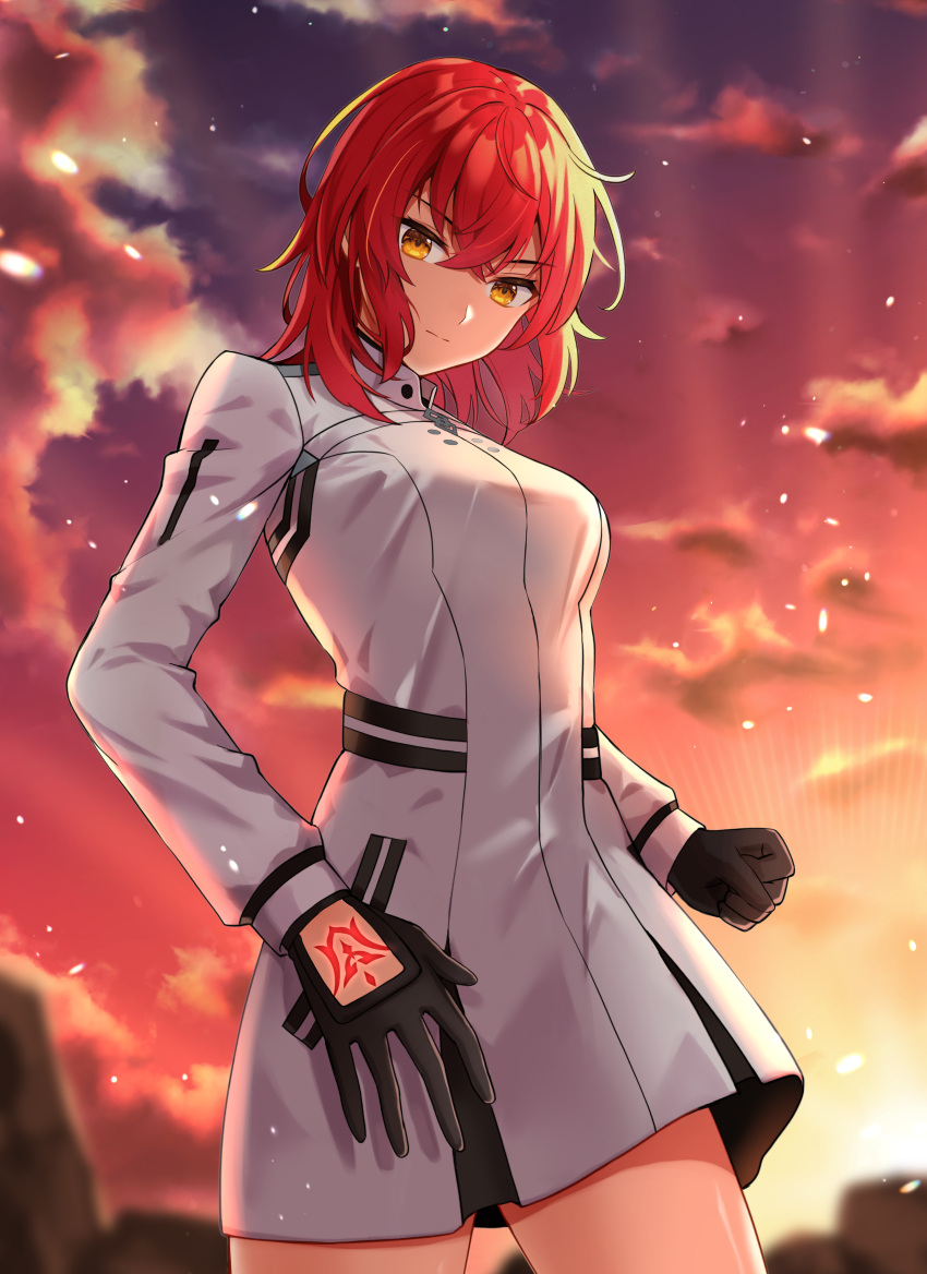 1girl, absurdres, black_gloves, clouds, command_spell, dress, eyebrows_visible_through_hair, fate/grand_order