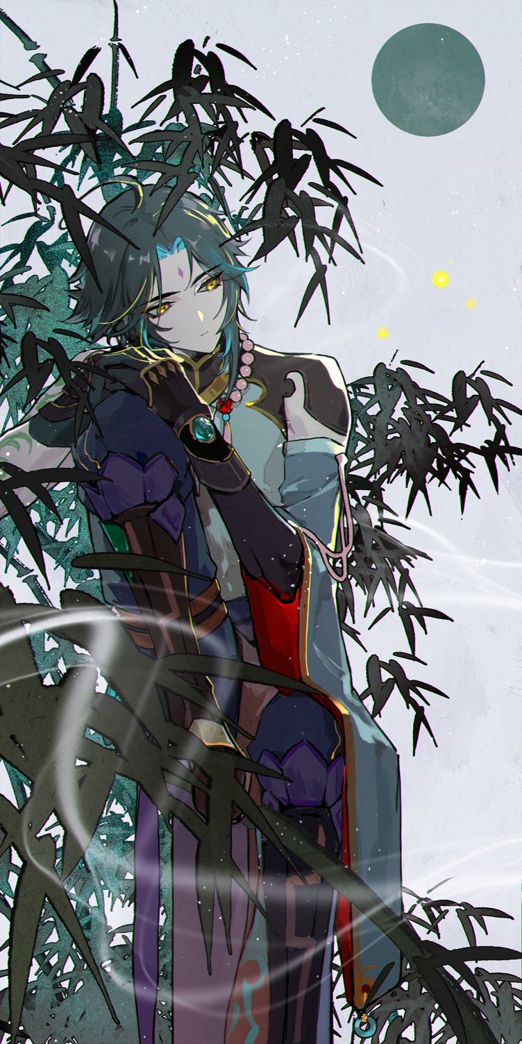 1boy, ahoge, arm_guards, arm_tattoo, armor, asymmetrical_clothes, bamboo, bangs, bead_necklace, beads, black_gloves, black_hair, boots, closed_mouth, detached_sleeves, diamond_(shape), eyebrows_visible_through_hair, eyeshadow, facial_mark, forehead_mark, genshin_impact, gloves, green_gloves, green_hair, grey_background, hand_on_own_knee, hands_together, highres, jewelry, makeup, male_focus, moon, multicolored_hair, necklace, parted_bangs, red_eyeshadow, short_hair_with_long_locks, simple_background, single_bare_shoulder, single_detached_sleeve, smoke, solo, tai3_3, tassel, tattoo, two-tone_hair, vision_(genshin_impact), wide_sleeves, xiao_(genshin_impact), yellow_eyes