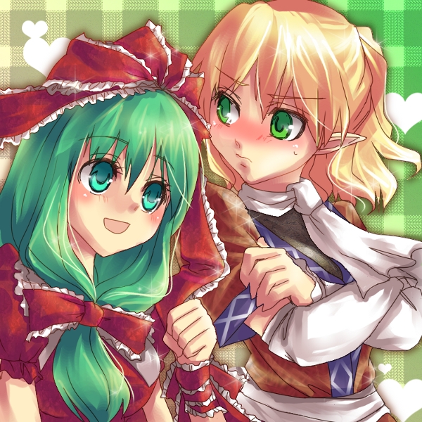aqua_eyes, artist_request, bancho, blonde_hair, blush, clenched_hand, frills, green_eyes, green_hair, hair_ribbon, kagiyama_hina, looking_up, mizuhashi_parsee, multiple_girls, open_mouth, pointy_ears, ribbon, scarf, short_hair, short_sleeves, touhou