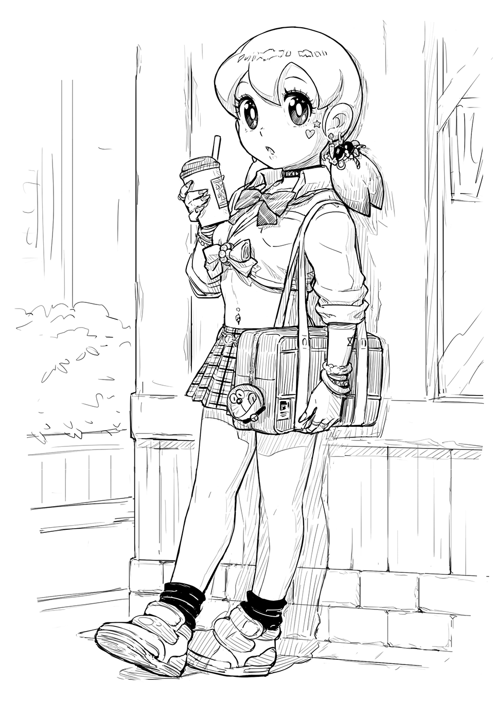 1girl, against_wall, bag, bow, bowtie, choker, collared_shirt, cup, disposable_cup, doraemon, drinking_straw, fingernails, full_body, greyscale, gyaru, highres, holding, holding_cup, implied_prostitution, long_fingernails, long_hair, looking_at_viewer, low_twintails, midriff, minamoto_shizuka, miniskirt, monochrome, nail_polish, navel, navel_piercing, outdoors, parted_lips, piercing, pleated_skirt, sakkan, school_bag, shirt, shoes, shoulder_bag, skirt, socks, solo, tied_shirt, twintails, wing_collar