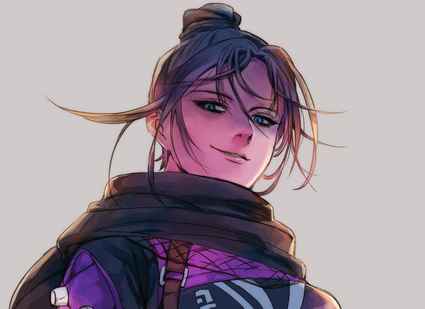 1girl, apex_legends, bangs, black_hair, black_scarf, blue_eyes, bodysuit, floating_hair