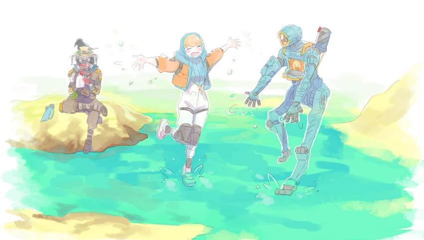 >_<, 1boy, 1girl, 1other, ^_^, ambiguous_gender, apex_legends, bangs