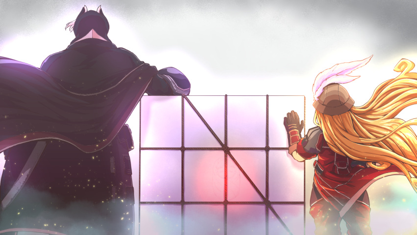 2girls, black_cape, black_clothes, black_gloves, black_hair, black_jacket, black_pants, blonde_hair
