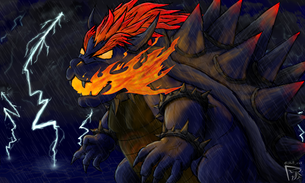 bowser, bracelet, breathing_fire, claws, clouds, collar, darkness, fangs