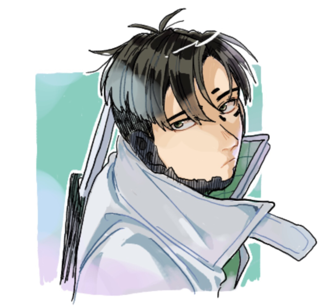 1boy, apex_legends, black_eyes, black_hair, cropped_torso, crypto_(apex_legends), cyborg, expressionless, from_above, grey_jacket, husagin, jacket, looking_back, male_focus, parted_hair, science_fiction, solo, upper_body