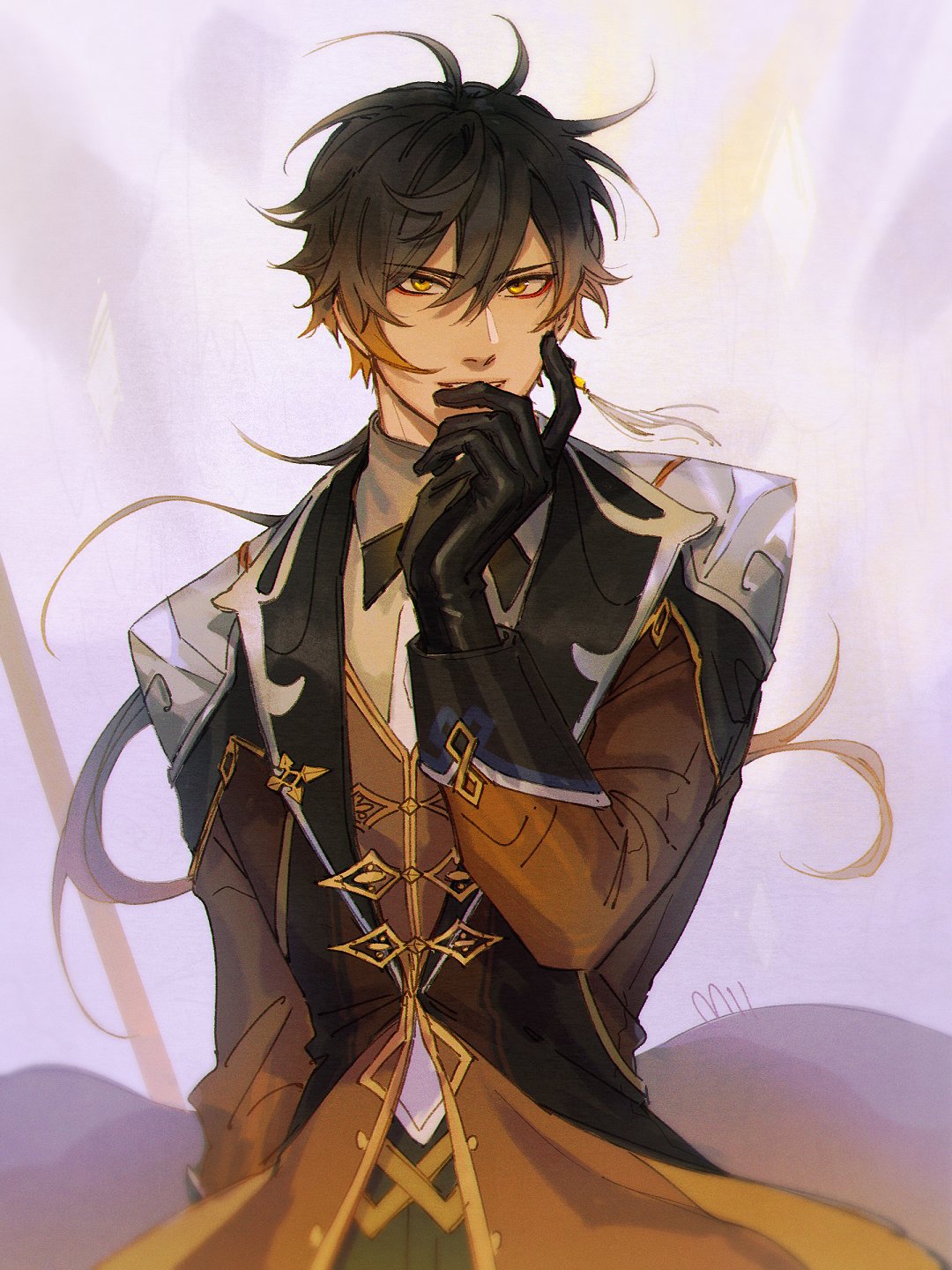 1boy, artist_name, black_gloves, black_hair, coat, commentary, earrings, english_commentary, eyebrows_visible_through_hair, eyeliner, floating_hair, genshin_impact, gloves, gradient_hair, hair_between_eyes, hand_up, highres, jewelry, lapel, lapel_pin, long_hair, long_sleeves, looking_at_viewer, makeup, male_focus, mieille, multicolored_hair, necktie, orange_hair, ponytail, single_earring, solo, tassel, tassel_earrings, upper_body, white_neckwear, yellow_eyes, zhongli_(genshin_impact)