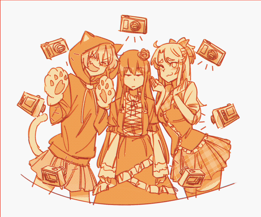 >_<, 3girls, animal_ears, animal_hood, camera, cat_ears, dress, frills