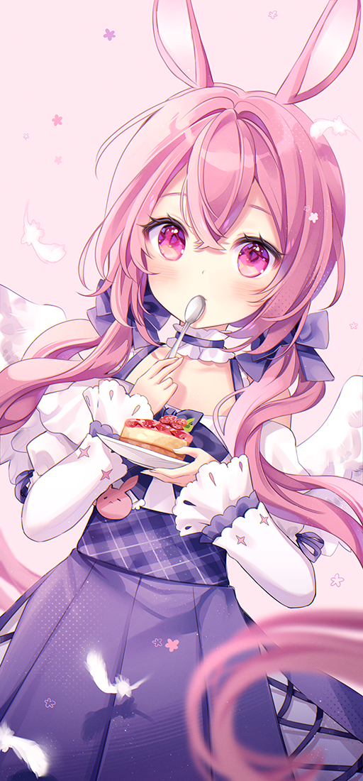 1girl, animal_ears, bangs, bare_shoulders, blue_skirt, blush, cake, cake_slice