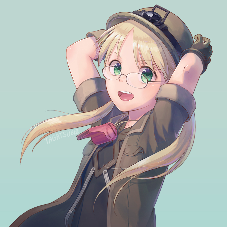 1girl, :d, arms_up, artist_name, bangs, blonde_hair, blue_background, commentary