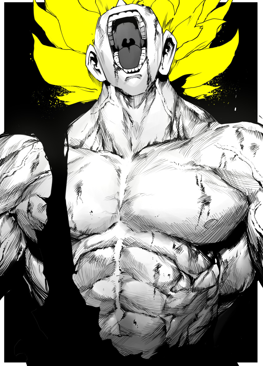 1boy, abs, absurdres, bare_pecs, blonde_hair, blood, blood_on_face, dragon_ball