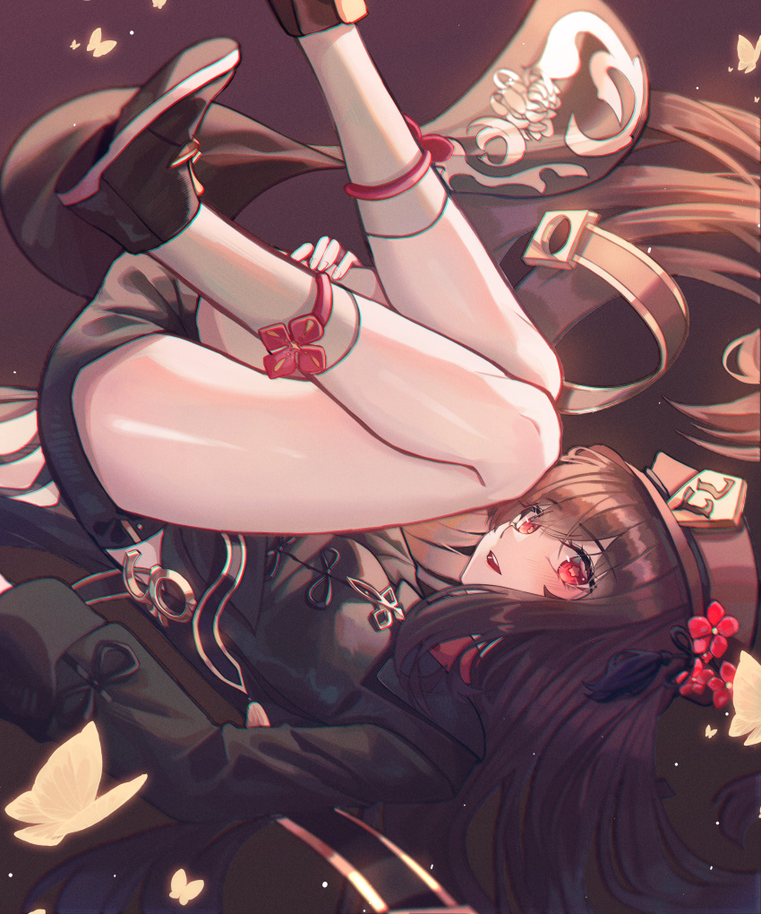 1girl, absurdres, bangs, black_headwear, black_shorts, blush, brown_hair, bug