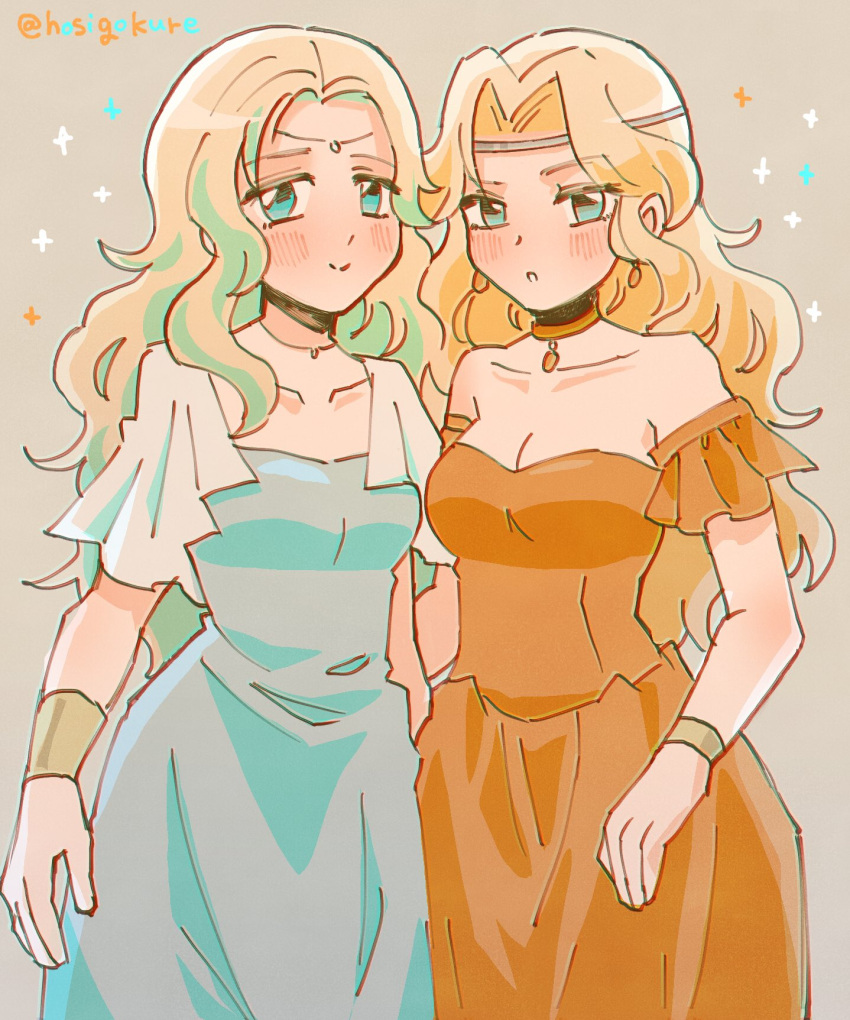 blonde_hair, blue_dress, blue_eyes, blush, brigid_(fire_emblem), circlet, dress, earrings