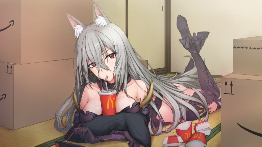 1girl, animal_ears, bare_shoulders, breasts, collarbone, fox_ears, fox_girl, ghound