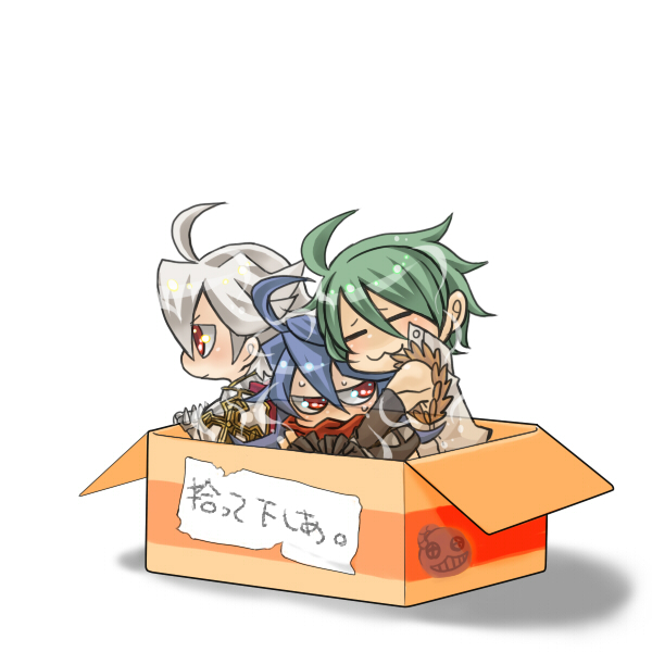 3boys, :3, ahoge, armor, assassin_cross_(ragnarok_online), bio_lab, black_gloves, blue_hair
