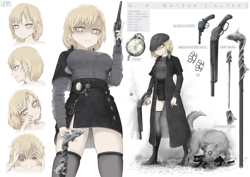 1girl, alternate_costume, alternate_eye_color, artist_name, black_coat, black_headwear, black_legwear, black_skirt, blonde_hair, brass_knuckles, breasts, bubba_(watson_amelia), cane, cane_sword, cat, character_profile, character_sheet, coat, commentary, dark_persona, dog, english_commentary, english_text, gun, hat, highres, hololive, hololive_english, holomyth, lever_action, long_sleeves, medium_breasts, pocket_watch, revolver, shaded_face, shark, short_hair, simple_background, skirt, thigh-highs, trench_coat, trigger_discipline, unmi714, virtual_youtuber, watch, watson_amelia, weapon, webley_revolver, wellington_(watson_amelia), white_background, winchester_model_1887, yellow_eyes, zettai_ryouiki