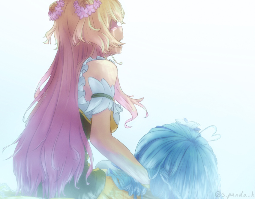 2girls, ahoge, bangs, blonde_hair, blue_hair, double_bun, flower, hair_flower
