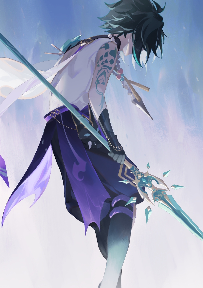 1boy, arm_guards, arm_tattoo, armor, bead_necklace, beads, black_hair, fangs, feitaru, from_behind, genshin_impact, gloves, green_gloves, green_hair, holding, holding_spear, holding_weapon, jewelry, male_focus, mask, multicolored_hair, necklace, pendant, polearm, short_hair_with_long_locks, simple_background, single_bare_shoulder, solo, spear, tassel, tattoo, two-tone_hair, weapon, xiao_(genshin_impact)