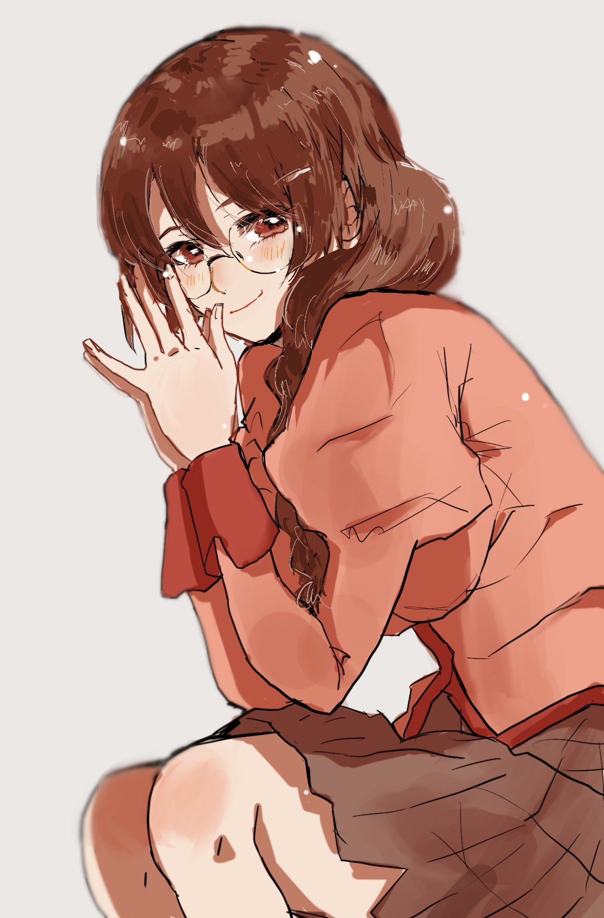 1girl, bakemonogatari, braid, breasts, brown_hair, glasses, hanekawa_tsubasa, highres, large_breasts, looking_at_viewer, monogatari_(series), naoetsu_high_school_uniform, red_eyes, school_uniform, simple_background, smile, solo, valhalla0707
