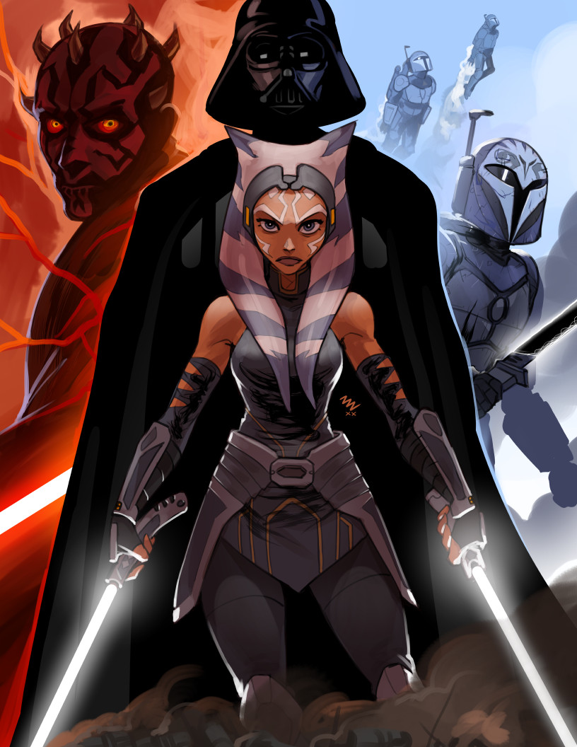 1girl, 5boys, ahsoka_tano, alien, breasts, cloak, colored_skin, darksaber, darth_maul, darth_vader, dual_wielding, elbow_gloves, energy_sword, english_commentary, facial_tattoo, faulds, forehead, gloves, headgear, height_difference, holding, jedi, jedi_knight, lightsaber, lips, loincloth, long_hair, mandalorian, medium_breasts, multiple_boys, orange_skin, sith, solo_focus, star_wars, star_wars:_the_clone_wars, star_wars:_the_phantom_menace, sword, tattoo, tentacle_hair, togruta, vambraces, vashperado, weapon