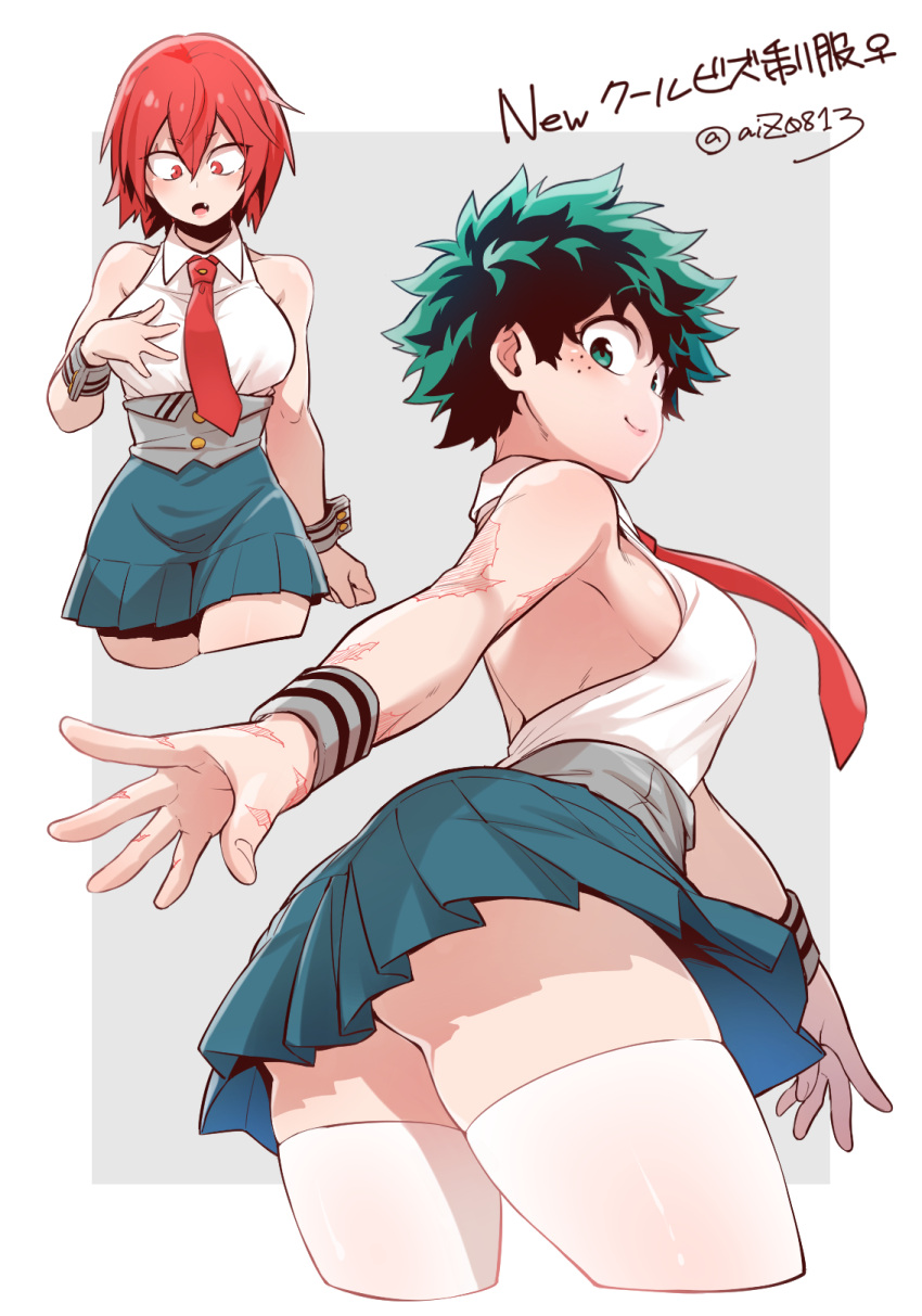 2girls, blush, boku_no_hero_academia, freckles, genderswap, genderswap_(mtf), green_hair, happy