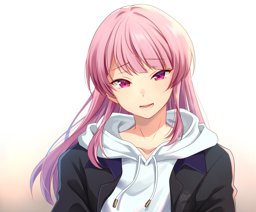 15pafe, 1boy, :d, androgynous, drawstring, eyebrows_visible_through_hair, hood, hood_down