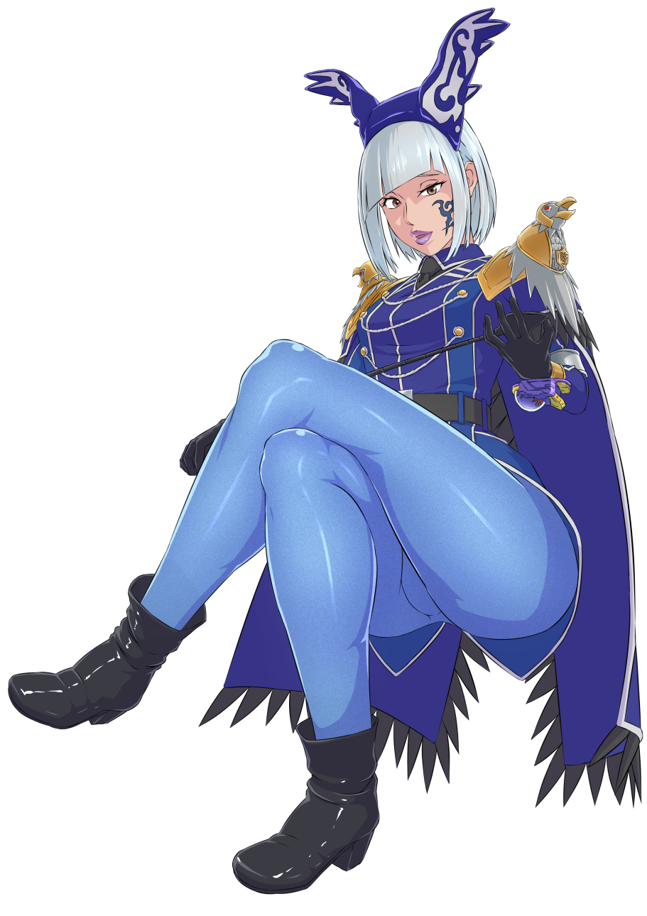 1girl, bangs, black_footwear, black_gloves, blue_cape, blue_headwear, blue_legwear, brown_eyes