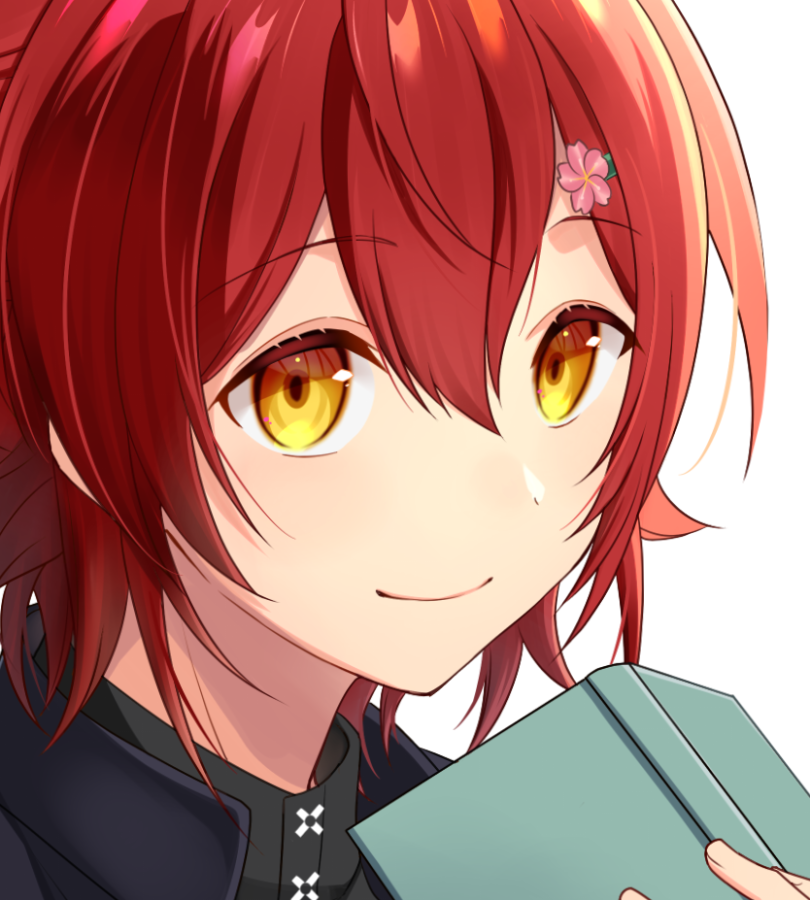 1boy, book, closed_mouth, face, hair_between_eyes, hair_ornament, hanasaki_miyabi, holding