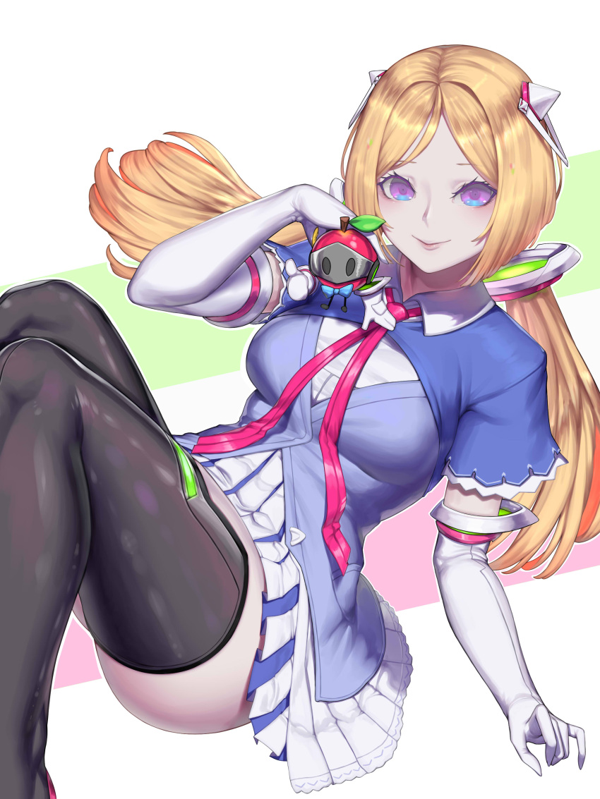 1girl, absurdres, aki_rosenthal, apple, ass, bangs, black_legwear, blonde_hair, blue_bow, blue_eyes, blue_jacket, bob_cut, boots, bow, bowtie, breasts, collared_dress, detached_hair, dress, elbow_gloves, food, fruit, gloves, gradient_eyes, headgear, highres, hololive, jacket, kumiko_shiba, low_twintails, lying, multicolored, multicolored_eyes, on_back, parted_bangs, pink_neckwear, pleated_dress, rosen-tai, short_dress, short_hair, short_sleeves, shrug_(clothing), smile, solo, thigh-highs, thigh_boots, twintails, two-tone_dress, violet_eyes, virtual_youtuber, white_dress, white_gloves