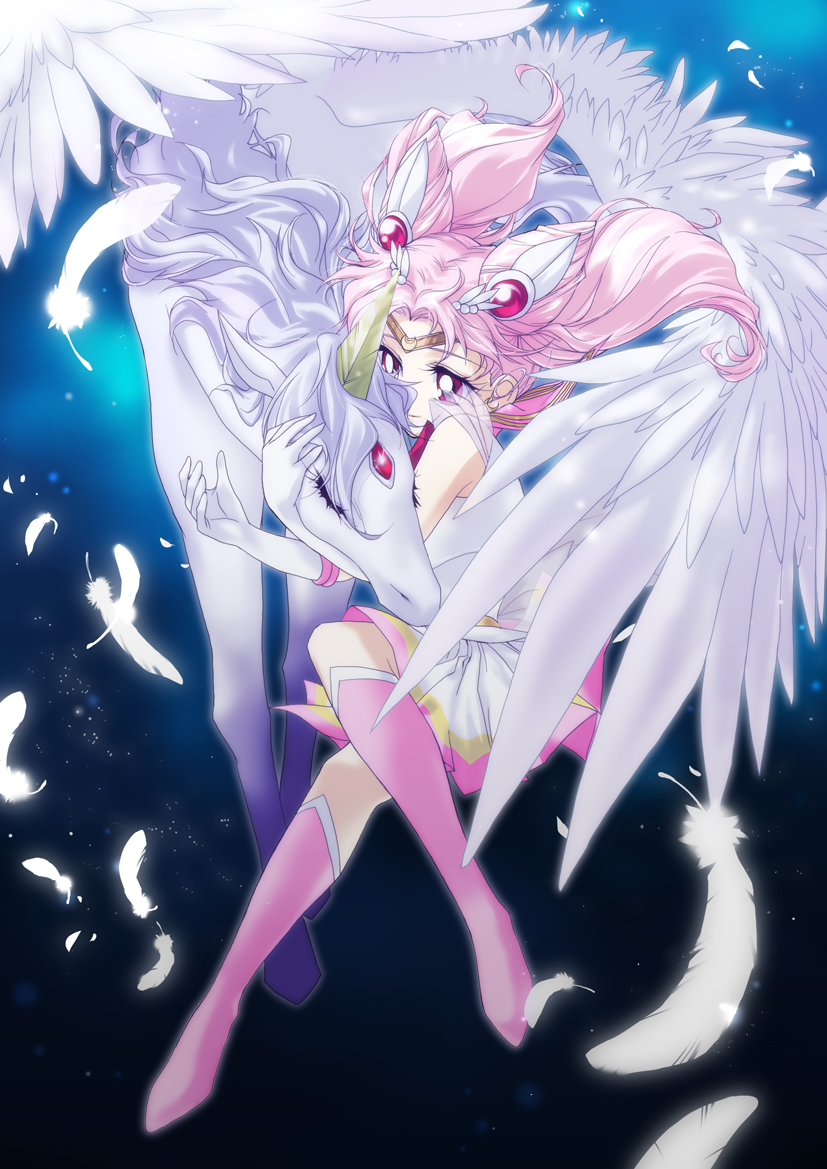 bishoujo_senshi_sailor_moon, boots, chibi_usa, choker, elbow_gloves, feathers, gloves, helios, horns, horse, leciel2010, magical_girl, pegasus, pegasus_(sailor_moon), pink_boots, pink_hair, red_eyes, sailor_chibi_moon, sailor_senshi, super_sailor_chibi_moon, tiara, twintails, unicorn, wings