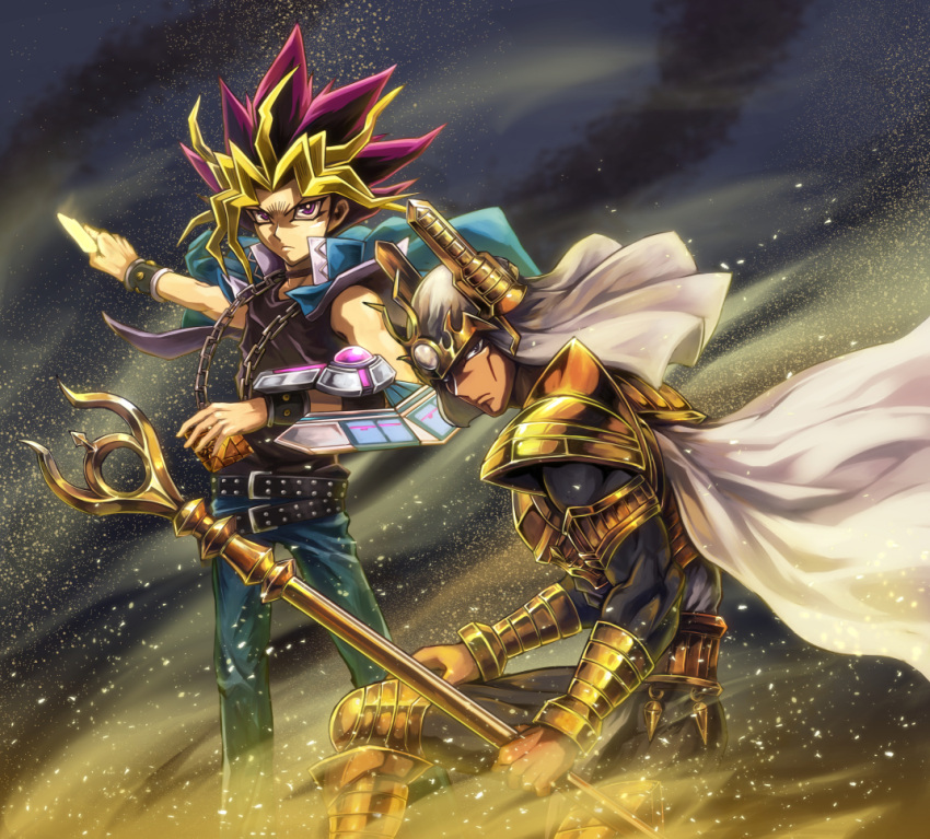 2boys, armor, belt, black_hair, blonde_hair, brown_eyes, cape, card