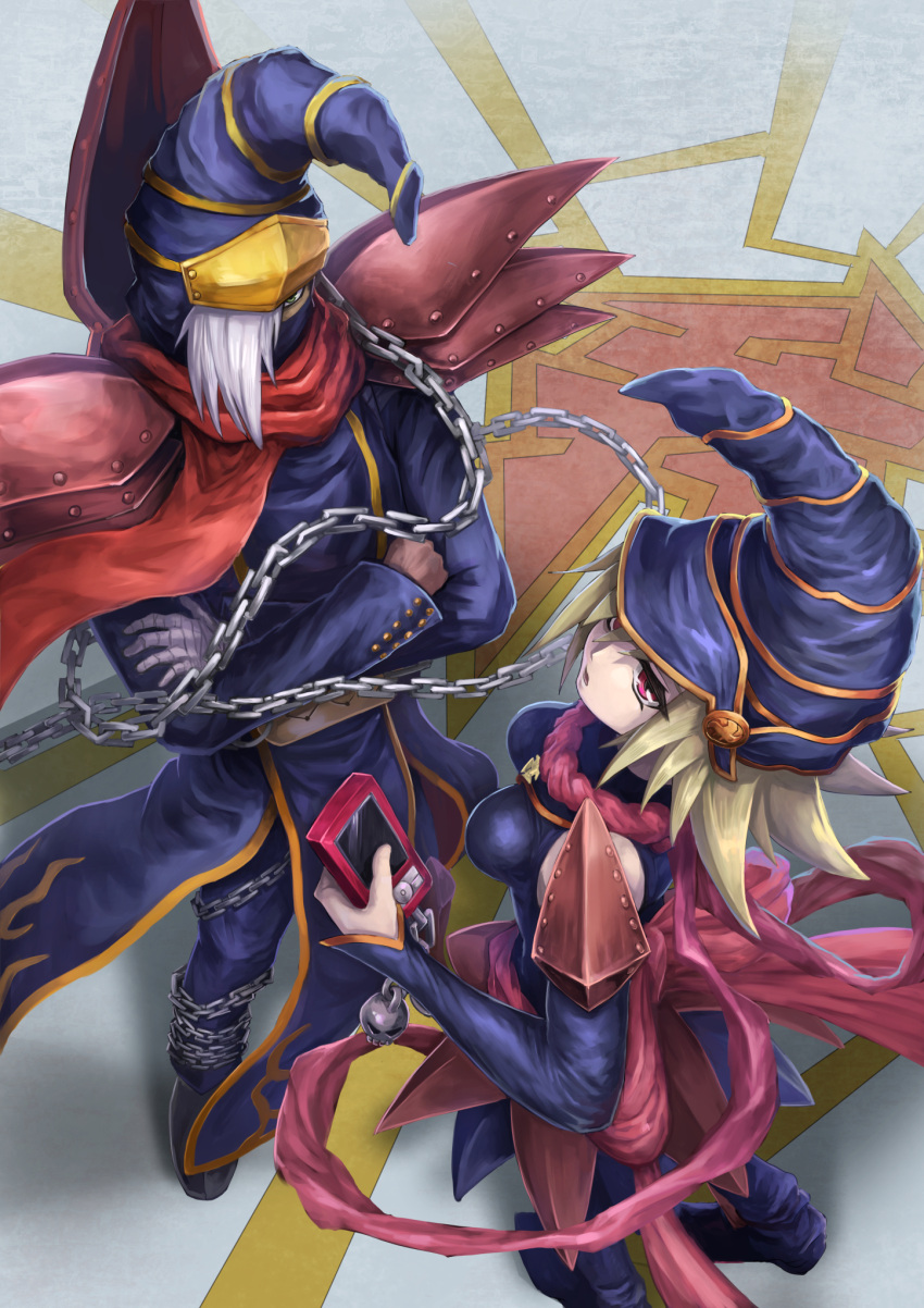 1boy, 1girl, armor, back_bow, bandaged_hand, blonde_hair, bow, breasts