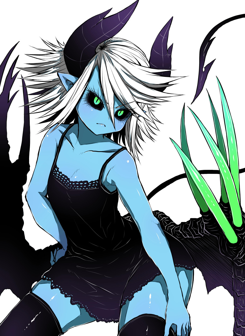 1girl, absurdres, black_dress, black_sclera, black_wings, blue_skin, colored_sclera, colored_skin, demon_wings, dolores_(mazohaha), dress, highres, juugoya_(zyugoya), musuko_ga_kawaikute_shikatanai_mazoku_no_hahaoya, short_hair, white_hair, wings