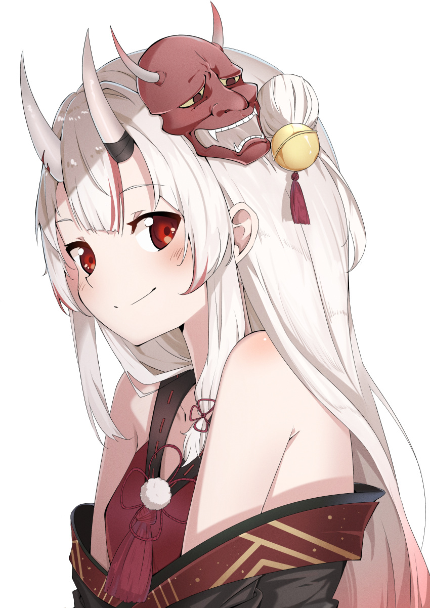 1girl, absurdres, bell, black_kimono, blush, breasts, closed_mouth, commentary